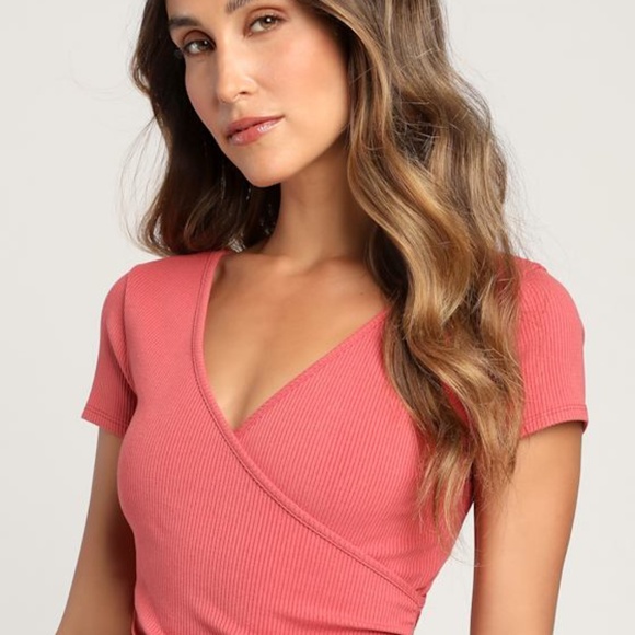 Lulus Tops - Lulus All Day Fave Rusty Rose Ribbed Surplice Short Sleeve Bodysuit Pink